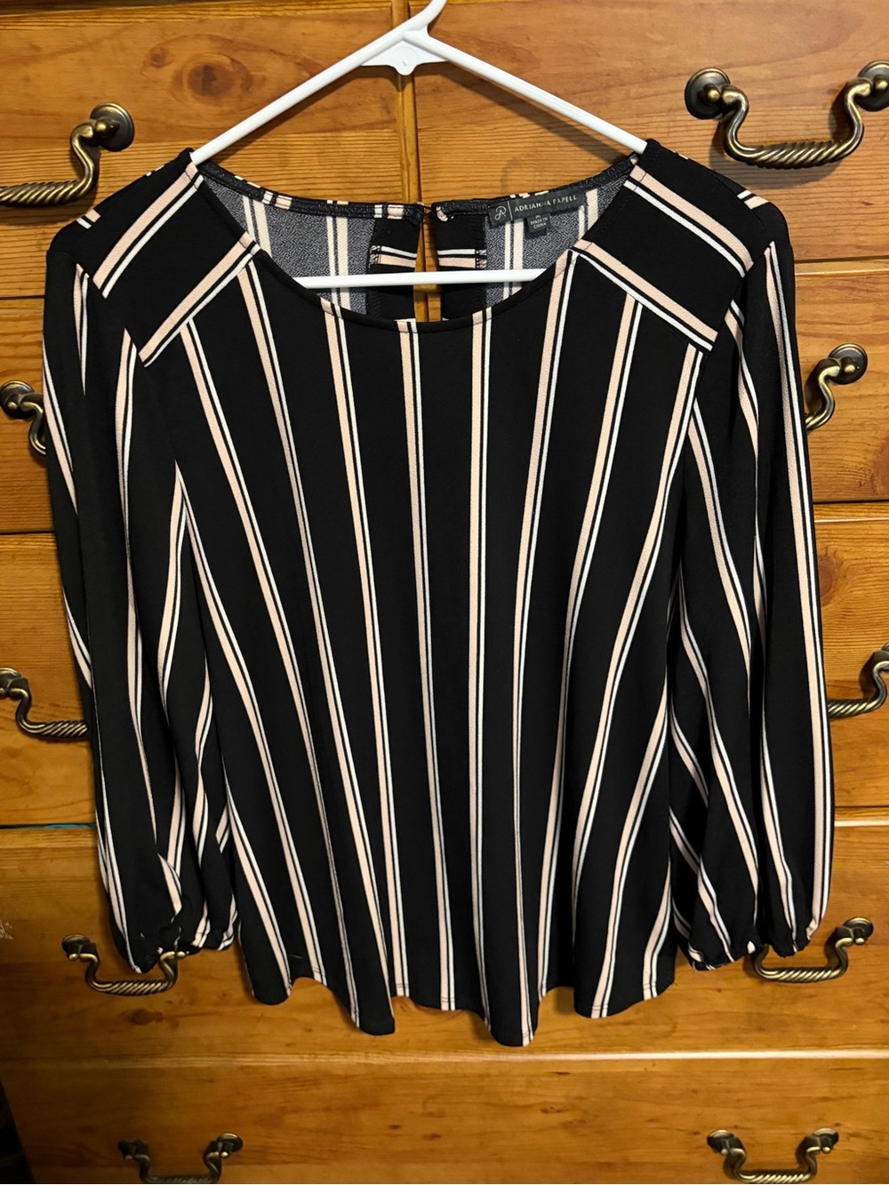 Adrianna Papell Black Blouse with Cream and White Stripes
